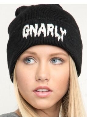 Brandy Melville GNARLY Beanie 100% Cotton Black embroidered Fold Up EC